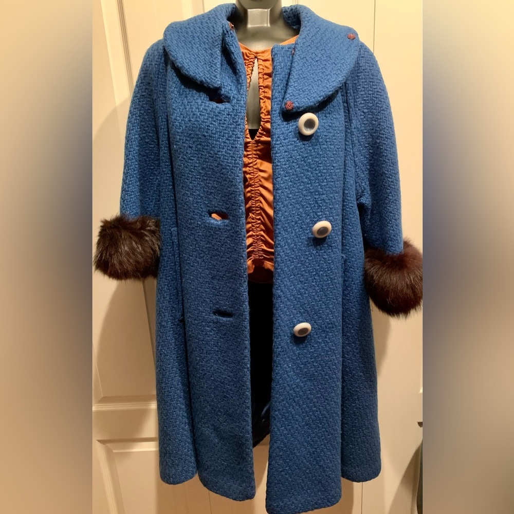 Penny Lane Blue Textured Lined (Fox?) Fur Trim Union Made Swing Coat - Picture 6 of 14